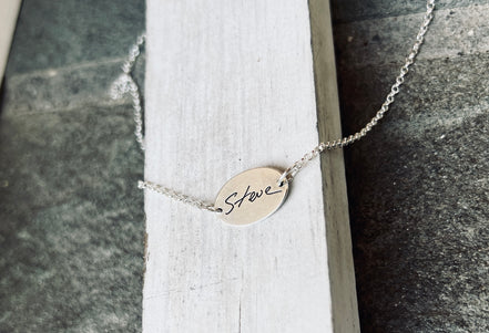 Fingerprint Necklace with Handwriting on the Back, Solid Sterling Silver