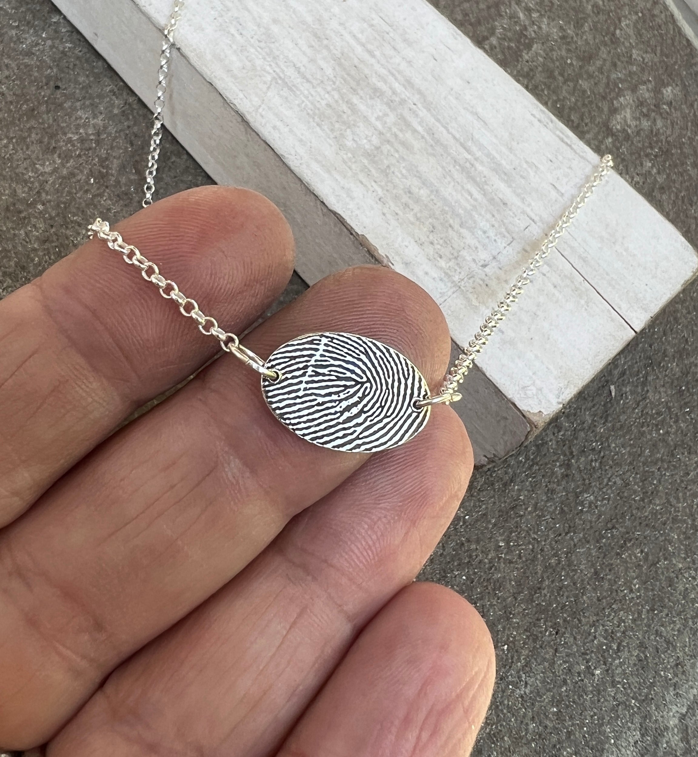 Fingerprint Necklace with Handwriting on the Back, Solid Sterling Silver
