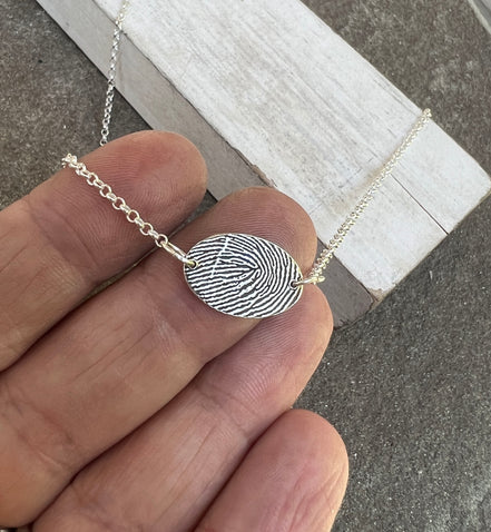 Fingerprint Necklace with Handwriting on the Back, Solid Sterling Silver