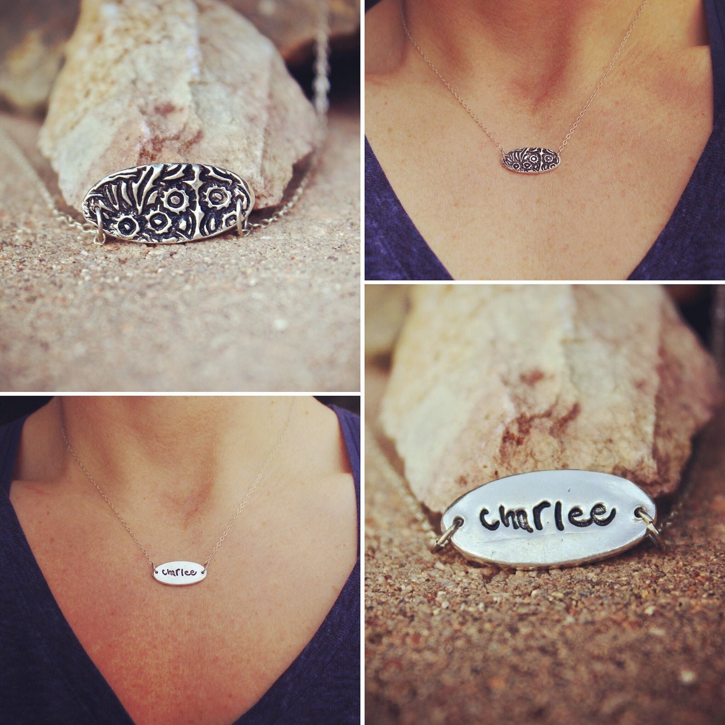 Solitary Handwriting Charm in Sterling Silver with Texture on One side and Handwriting on the Other
