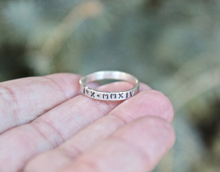 Roman Numeral Date Ring in Solid Sterling Silver