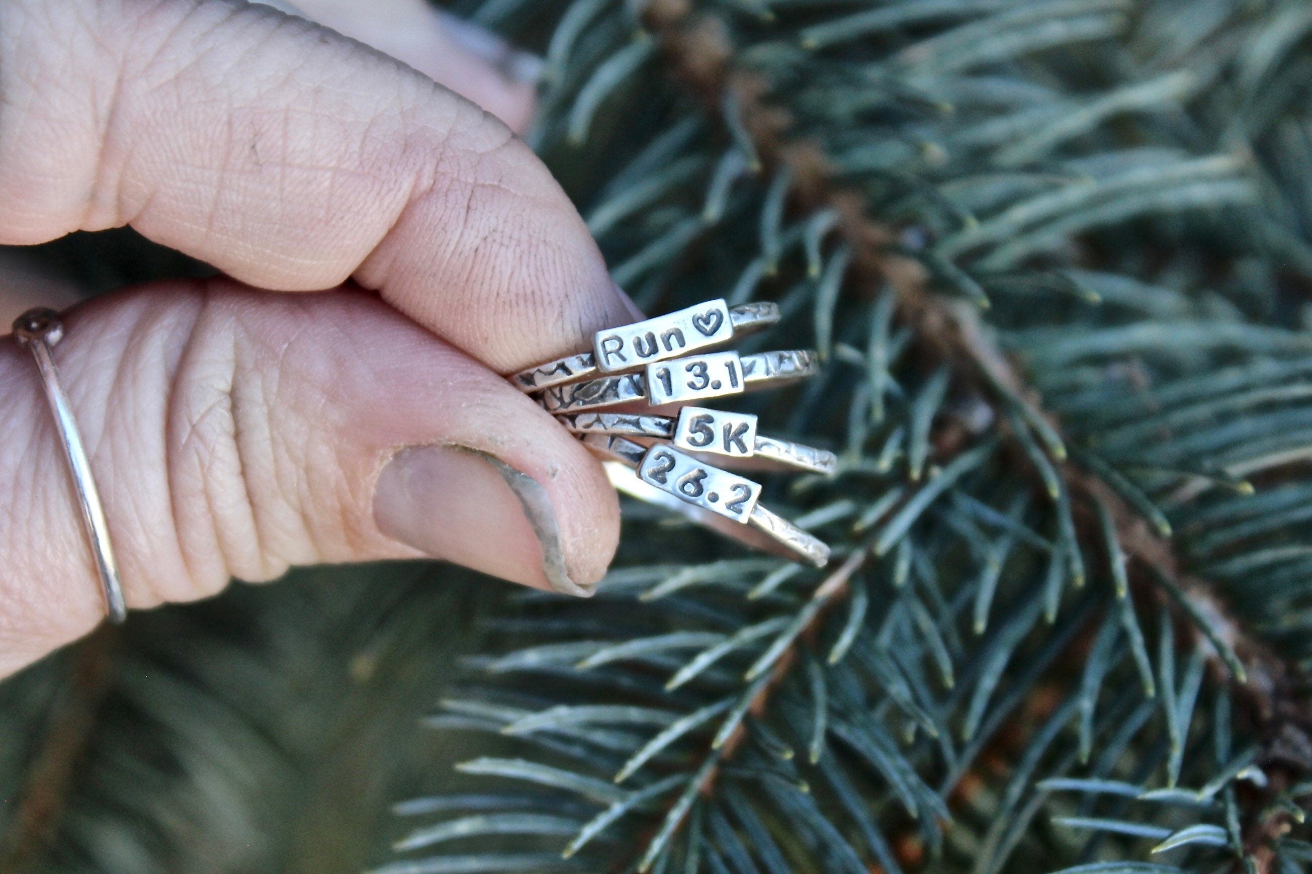 Runner Ring, Rings for Runners, Solid sterling silver stackable Runner's Rings, Running Rings, tiny writing, half marathon ring, 5K jewelry