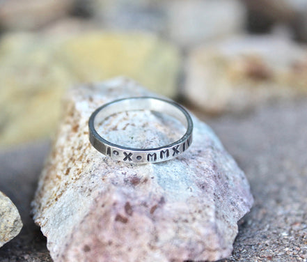 Roman Numeral Date Ring in Solid Sterling Silver