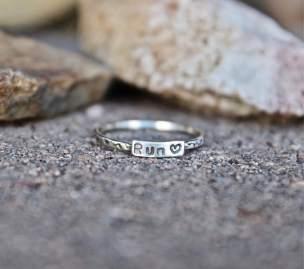 Runner Ring, Rings for Runners, Solid sterling silver stackable Runner's Rings, Running Rings, tiny writing, half marathon ring, 5K jewelry