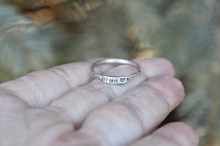Runner Ring, Rings for Runners, Solid sterling silver stackable Runner's Rings, Running Rings, tiny writing, half marathon ring, 5K jewelry