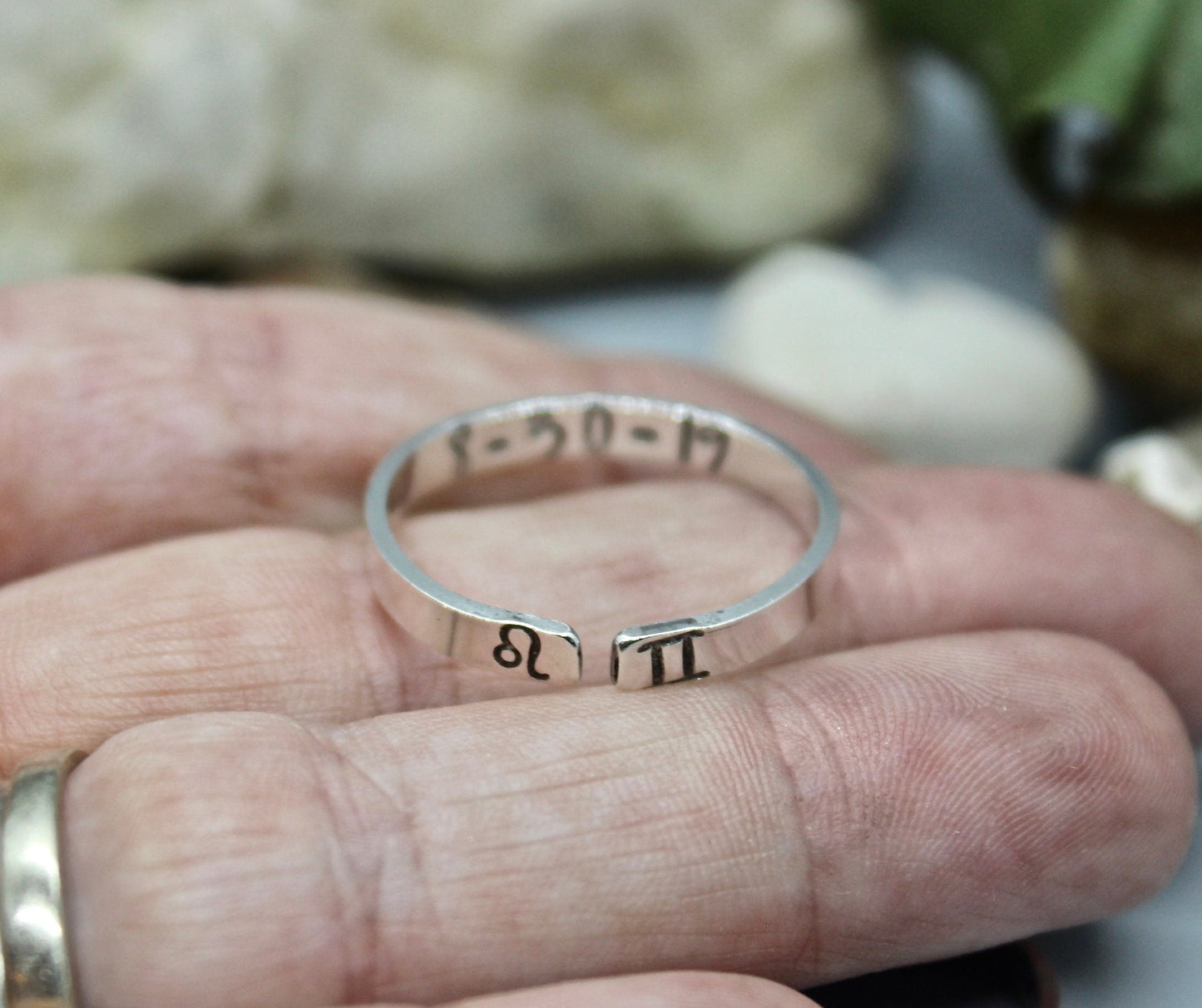 Zodiac Sign Couples Ring with Date Inside, Sterling Silver and Adjustable