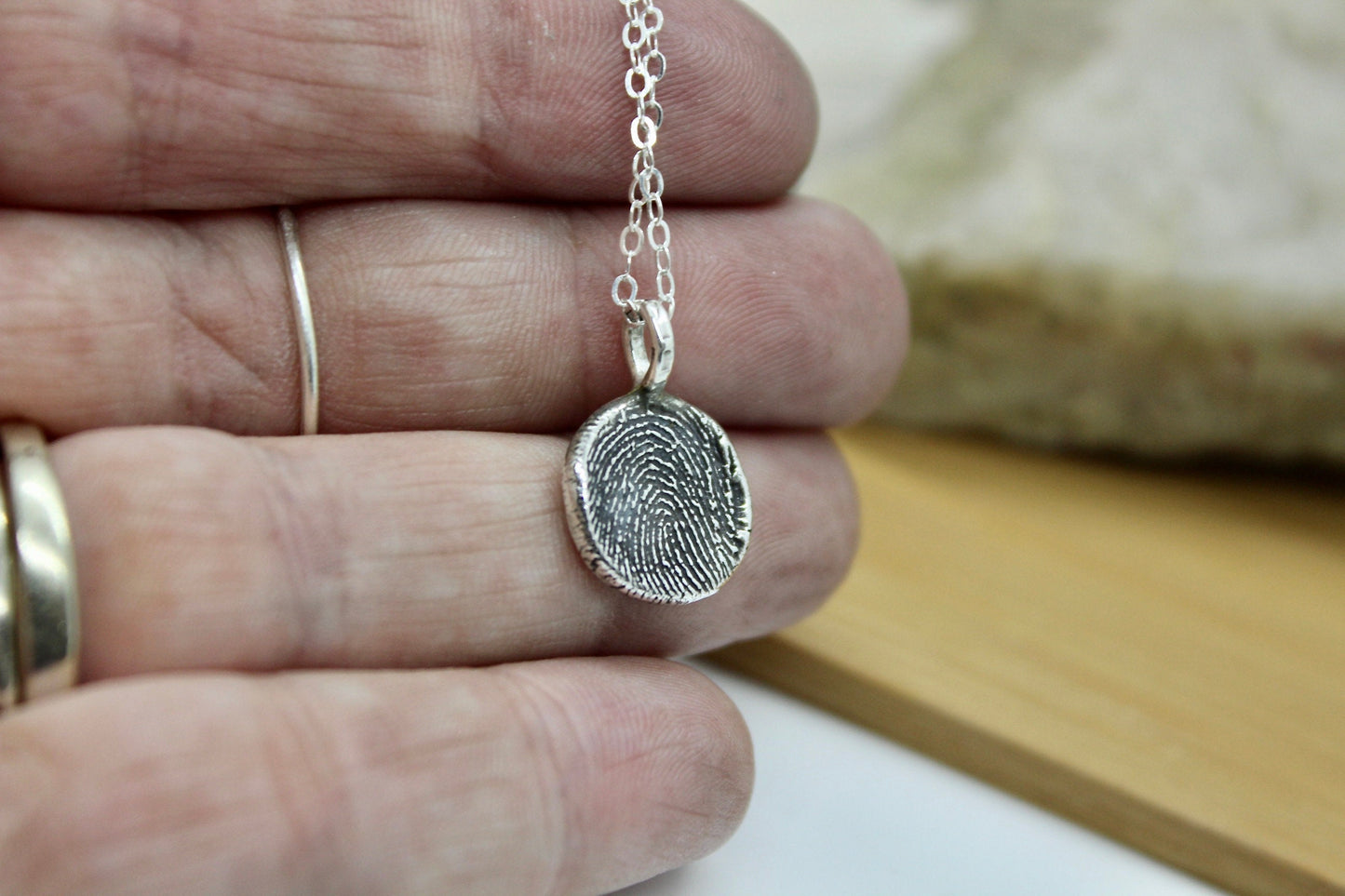 Fingerprint Necklace with Textured Bail in Sterling Silver