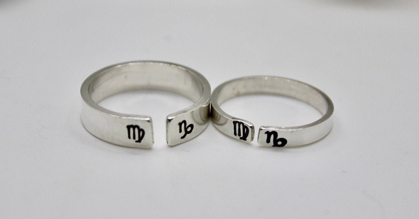 Zodiac Sign Couples Ring Set, Sterling Silver and Adjustable