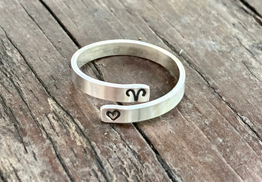 Zodiac Sign Wrap Ring, Sterling Silver and Adjustable