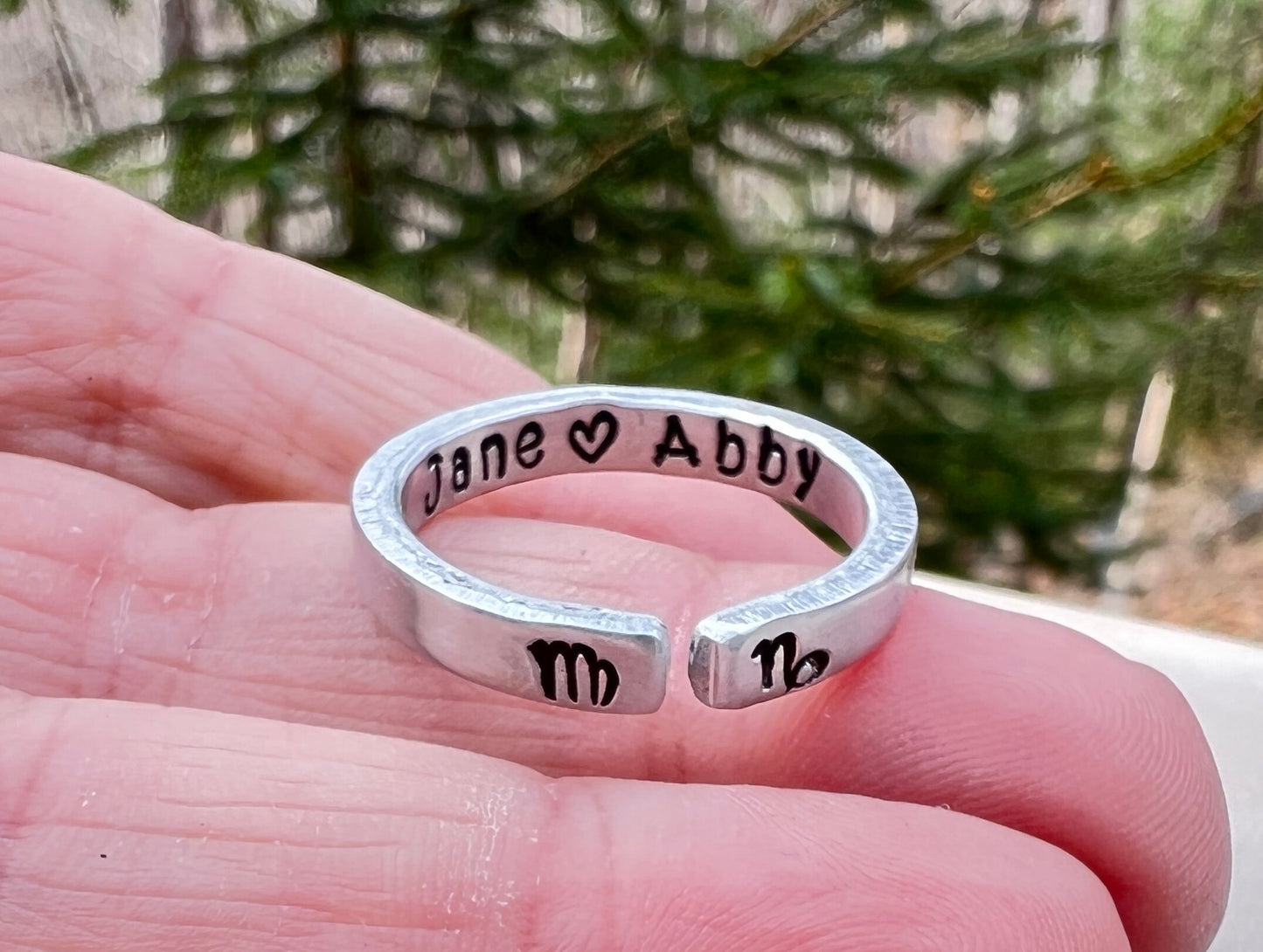Zodiac Ring with Names Inside, Aluminum and Adjustable