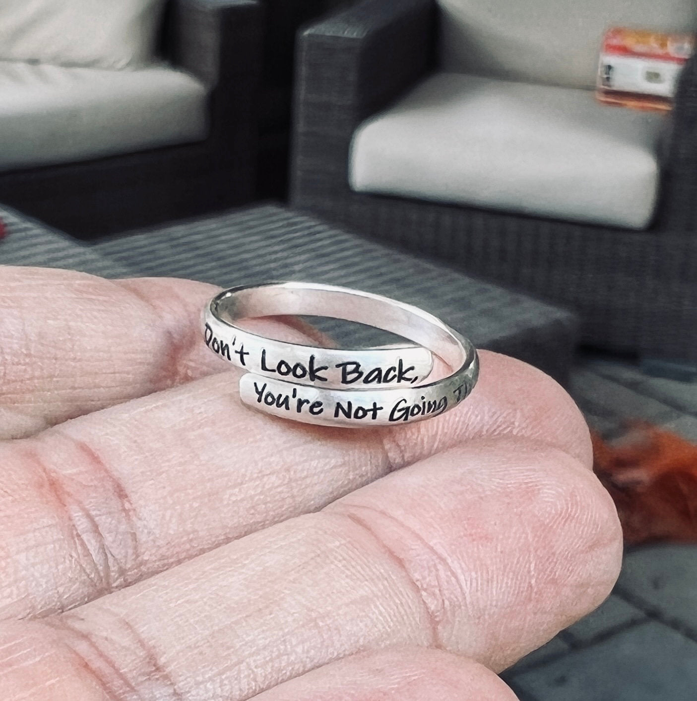 Don't Look Back Ring, Inspirational Wrap Ring in Sterling Silver