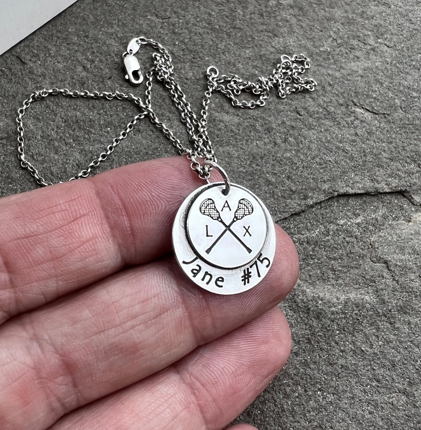 Lacrosse Name and Number Charm with Optional Birthstone, Solid Sterling Silver